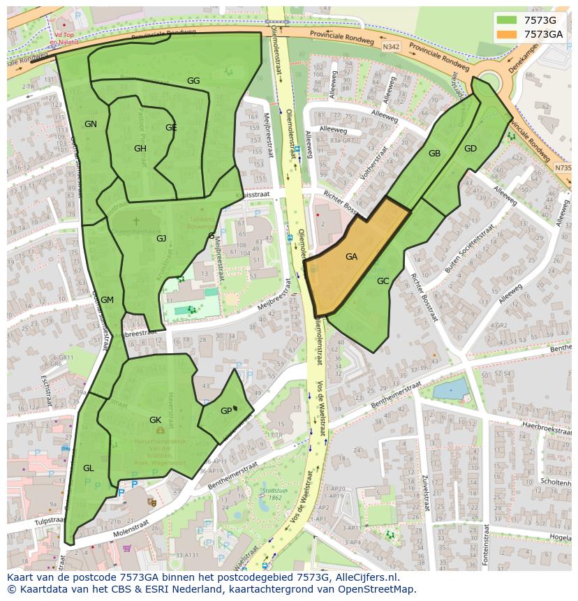Afbeelding van het postcodegebied 7573 GA op de kaart.