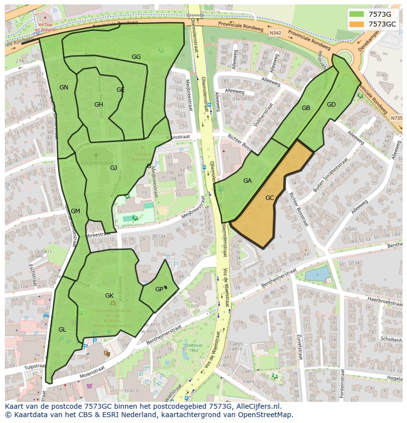 Afbeelding van het postcodegebied 7573 GC op de kaart.