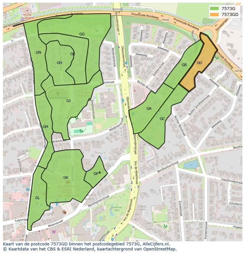 Afbeelding van het postcodegebied 7573 GD op de kaart.