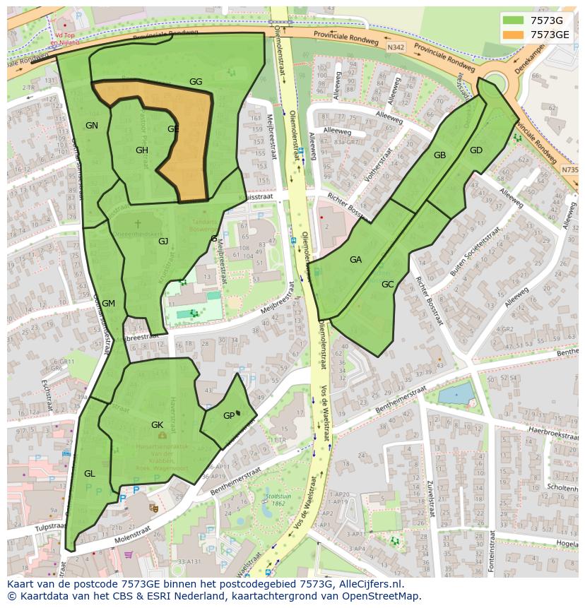 Afbeelding van het postcodegebied 7573 GE op de kaart.