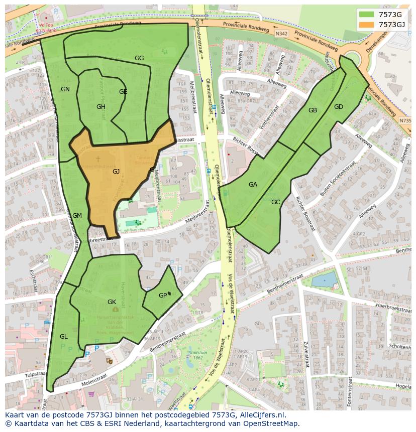 Afbeelding van het postcodegebied 7573 GJ op de kaart.
