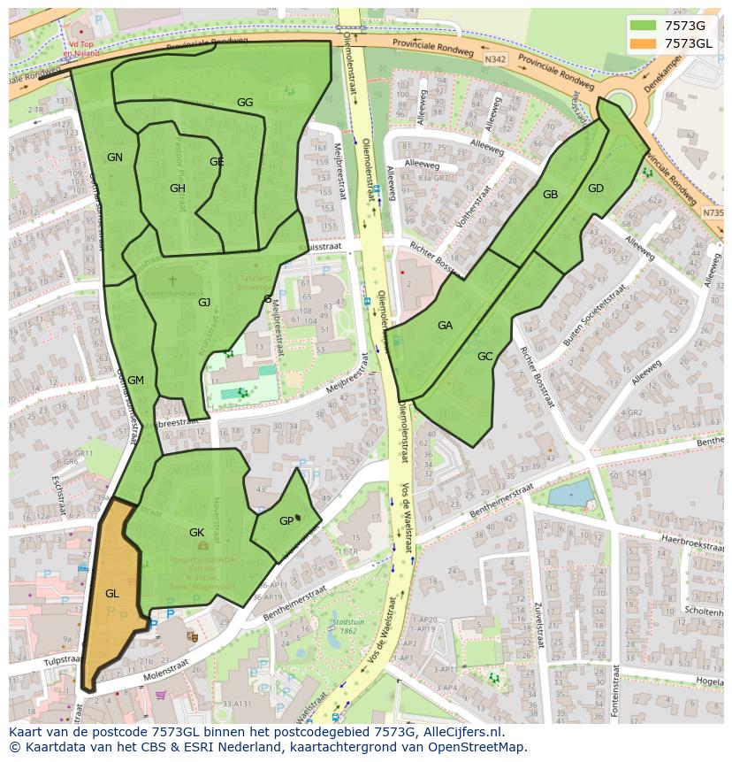 Afbeelding van het postcodegebied 7573 GL op de kaart.