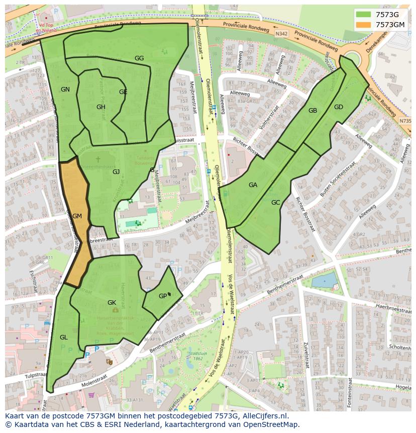Afbeelding van het postcodegebied 7573 GM op de kaart.