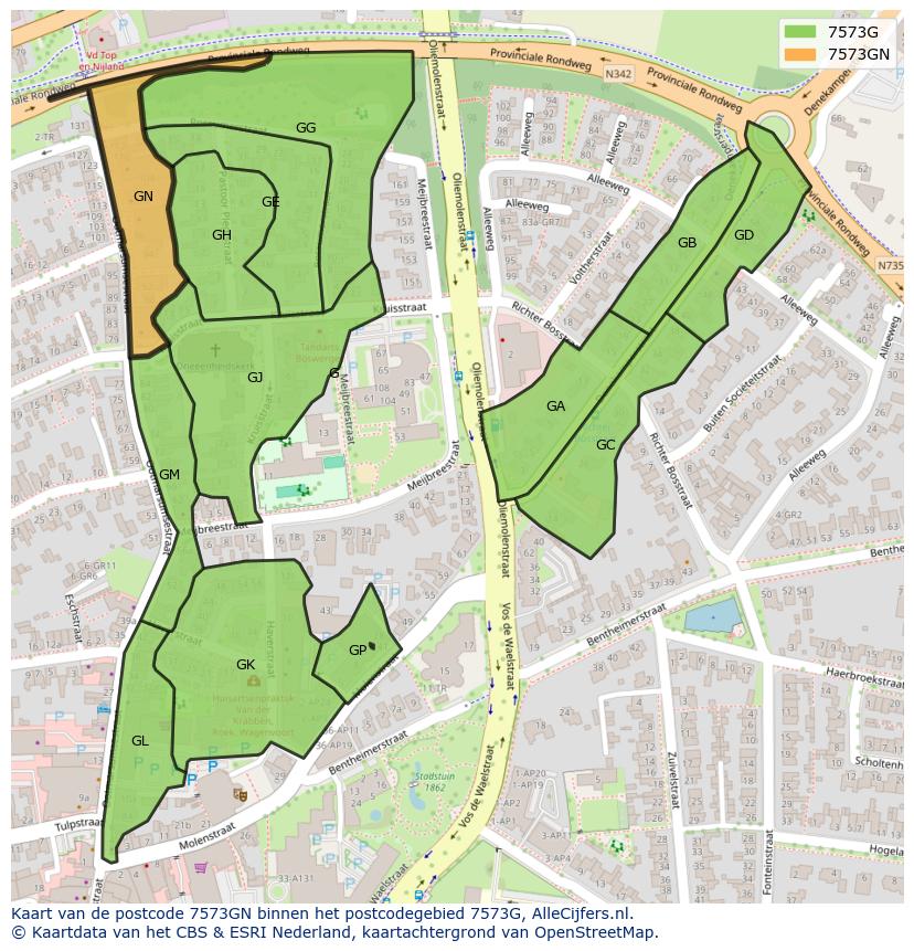 Afbeelding van het postcodegebied 7573 GN op de kaart.