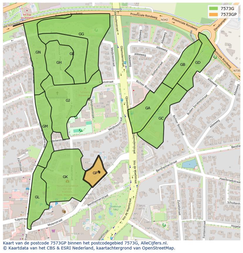 Afbeelding van het postcodegebied 7573 GP op de kaart.