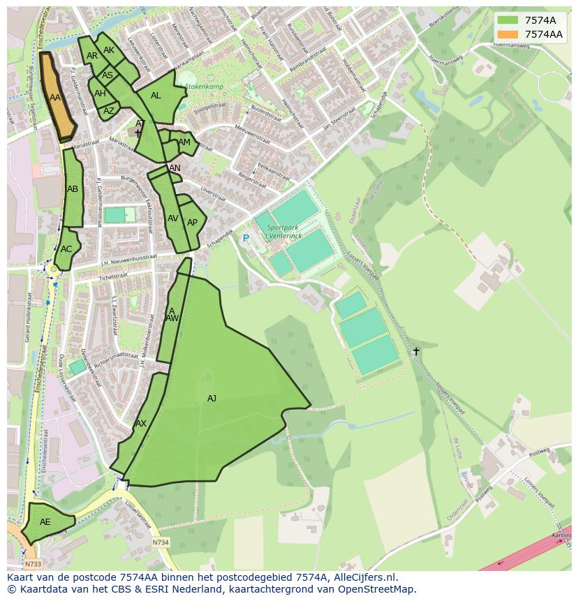 Afbeelding van het postcodegebied 7574 AA op de kaart.