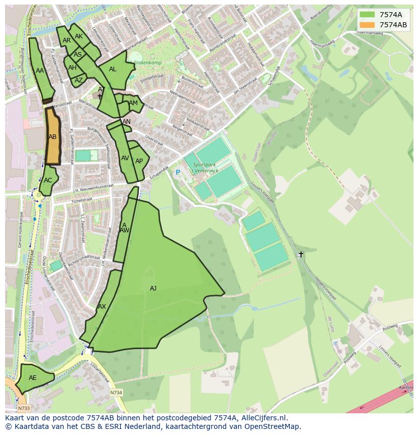 Afbeelding van het postcodegebied 7574 AB op de kaart.