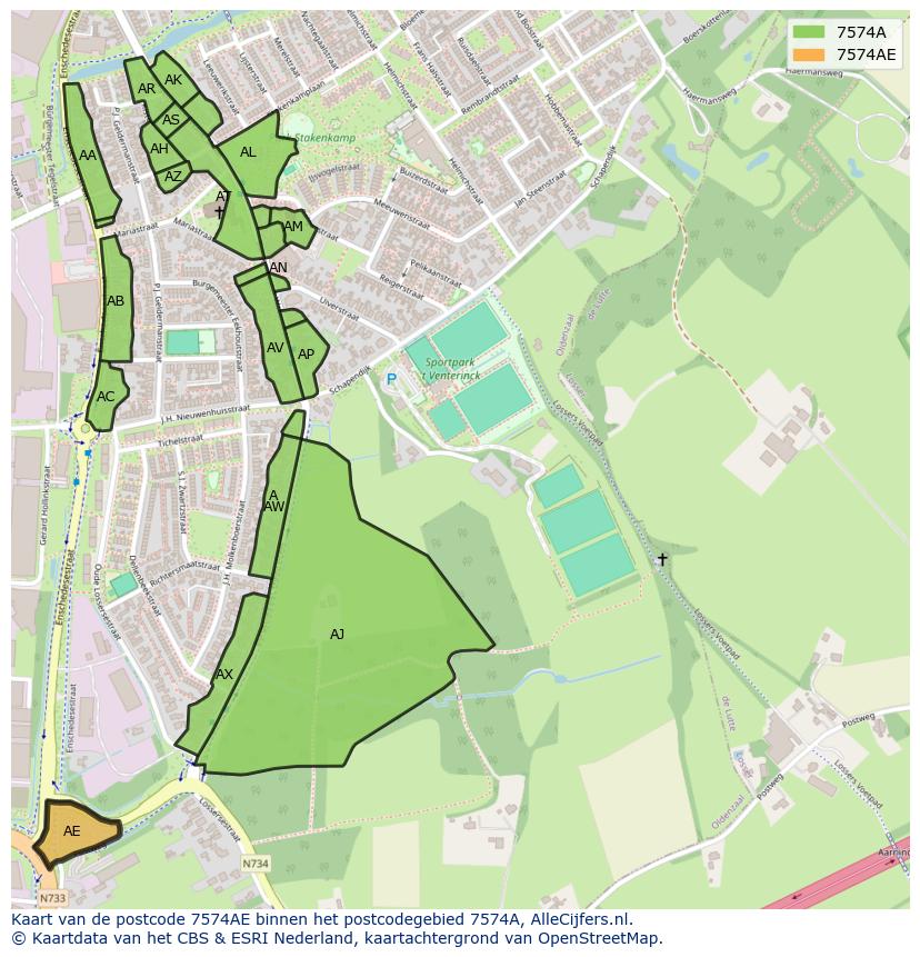 Afbeelding van het postcodegebied 7574 AE op de kaart.