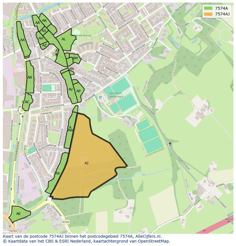 Afbeelding van het postcodegebied 7574 AJ op de kaart.