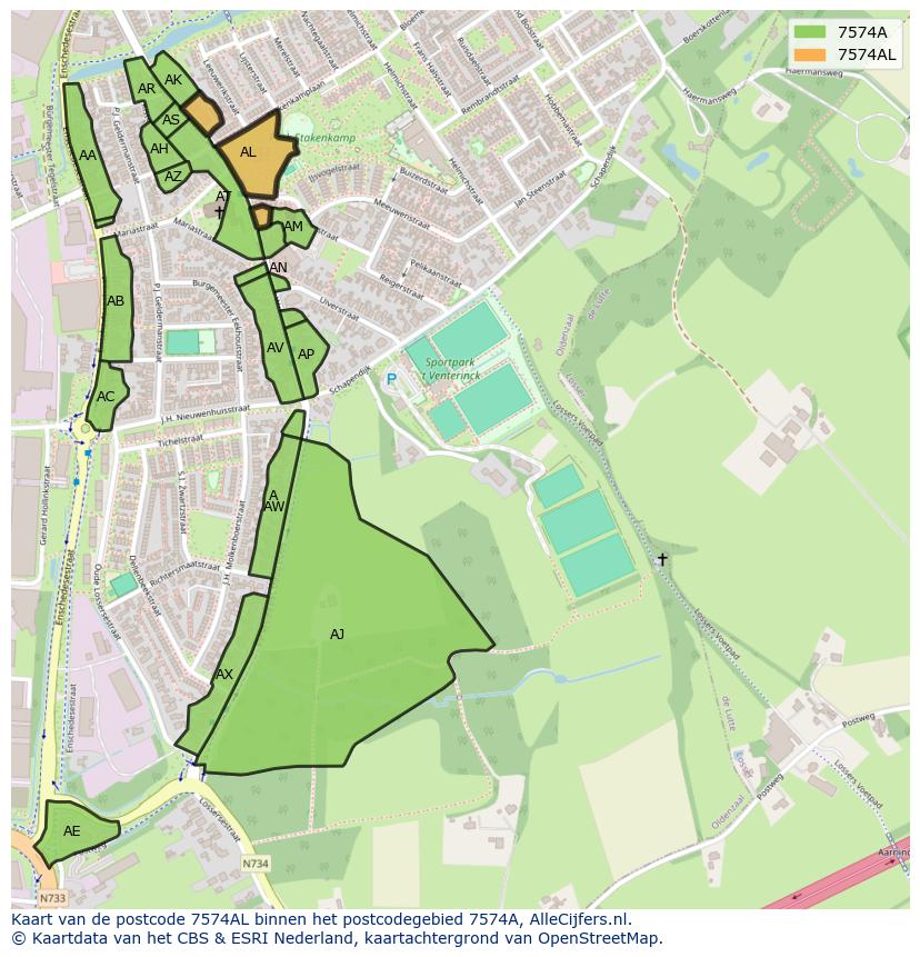 Afbeelding van het postcodegebied 7574 AL op de kaart.
