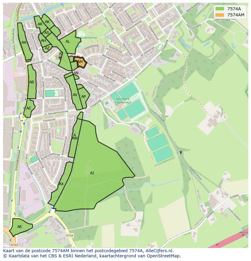 Afbeelding van het postcodegebied 7574 AM op de kaart.