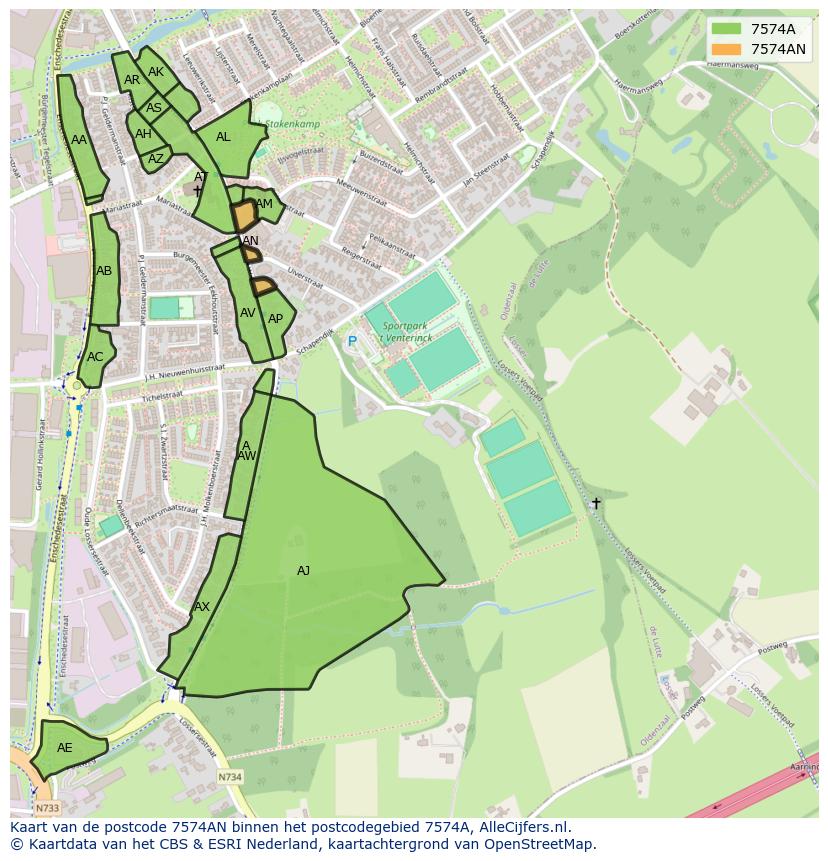 Afbeelding van het postcodegebied 7574 AN op de kaart.
