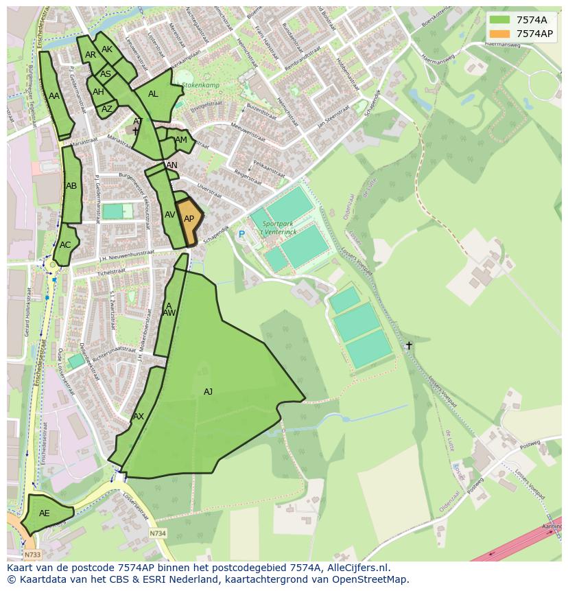 Afbeelding van het postcodegebied 7574 AP op de kaart.
