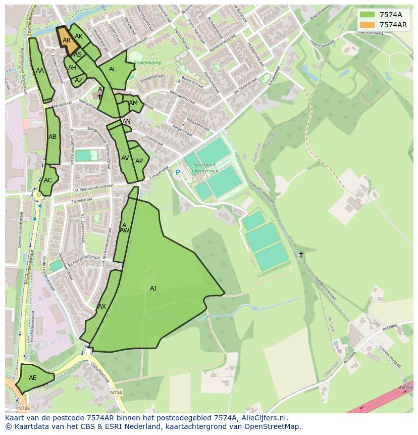 Afbeelding van het postcodegebied 7574 AR op de kaart.
