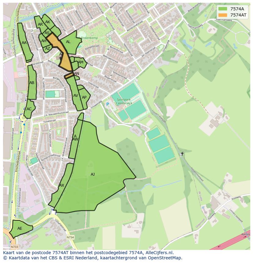 Afbeelding van het postcodegebied 7574 AT op de kaart.