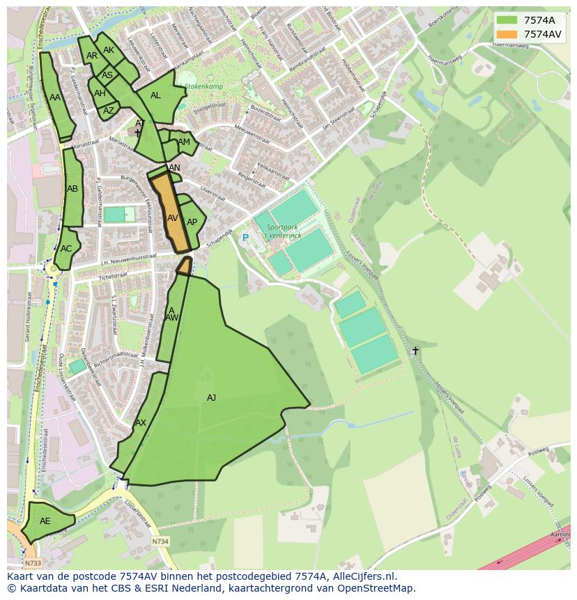 Afbeelding van het postcodegebied 7574 AV op de kaart.