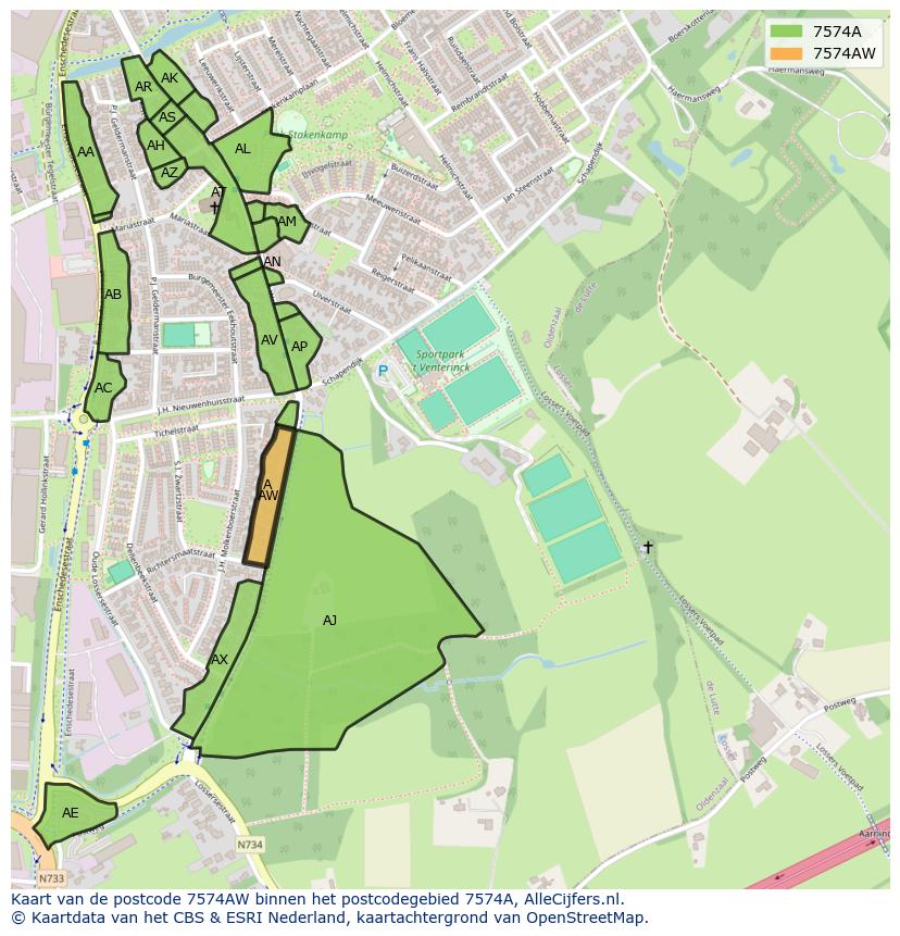 Afbeelding van het postcodegebied 7574 AW op de kaart.