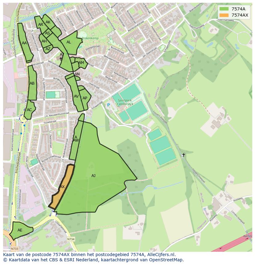 Afbeelding van het postcodegebied 7574 AX op de kaart.
