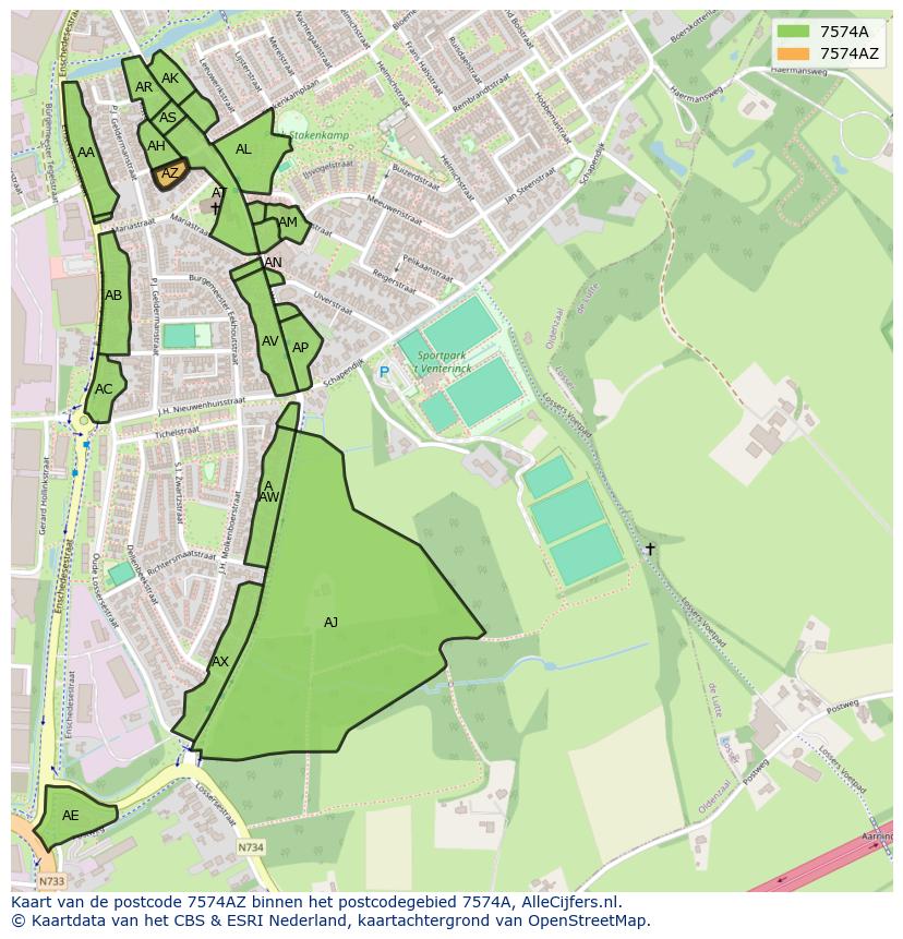 Afbeelding van het postcodegebied 7574 AZ op de kaart.