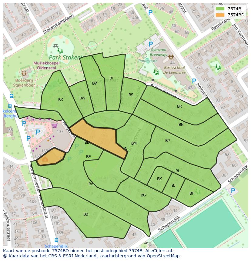 Afbeelding van het postcodegebied 7574 BD op de kaart.