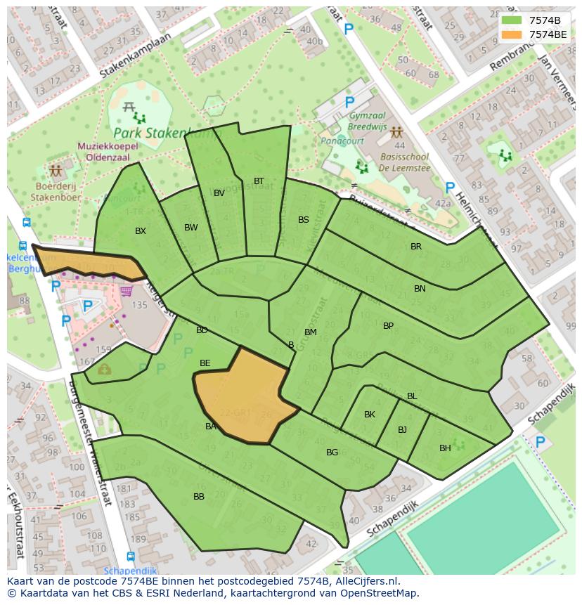 Afbeelding van het postcodegebied 7574 BE op de kaart.