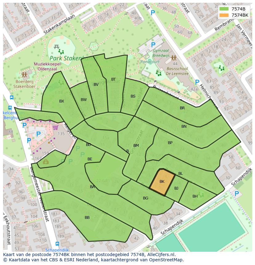 Afbeelding van het postcodegebied 7574 BK op de kaart.