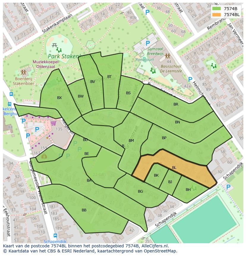 Afbeelding van het postcodegebied 7574 BL op de kaart.