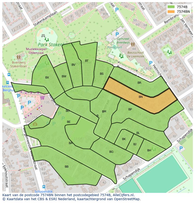 Afbeelding van het postcodegebied 7574 BN op de kaart.
