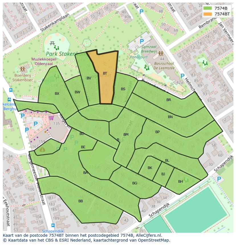 Afbeelding van het postcodegebied 7574 BT op de kaart.