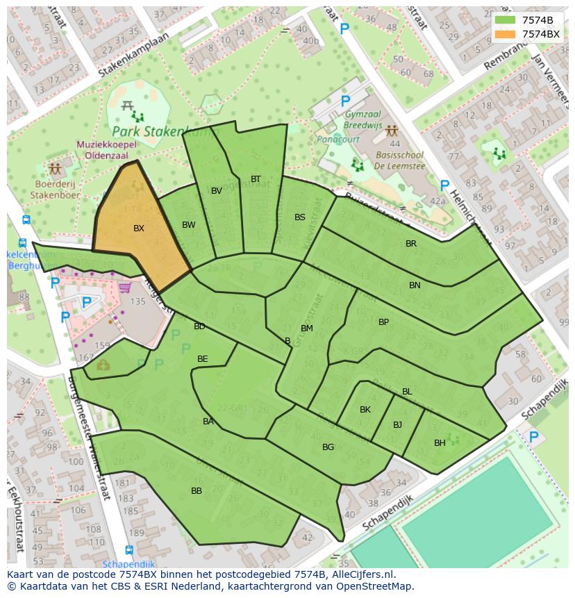 Afbeelding van het postcodegebied 7574 BX op de kaart.