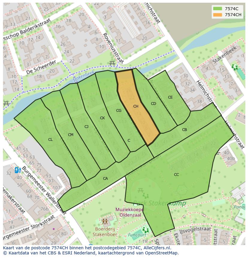 Afbeelding van het postcodegebied 7574 CH op de kaart.