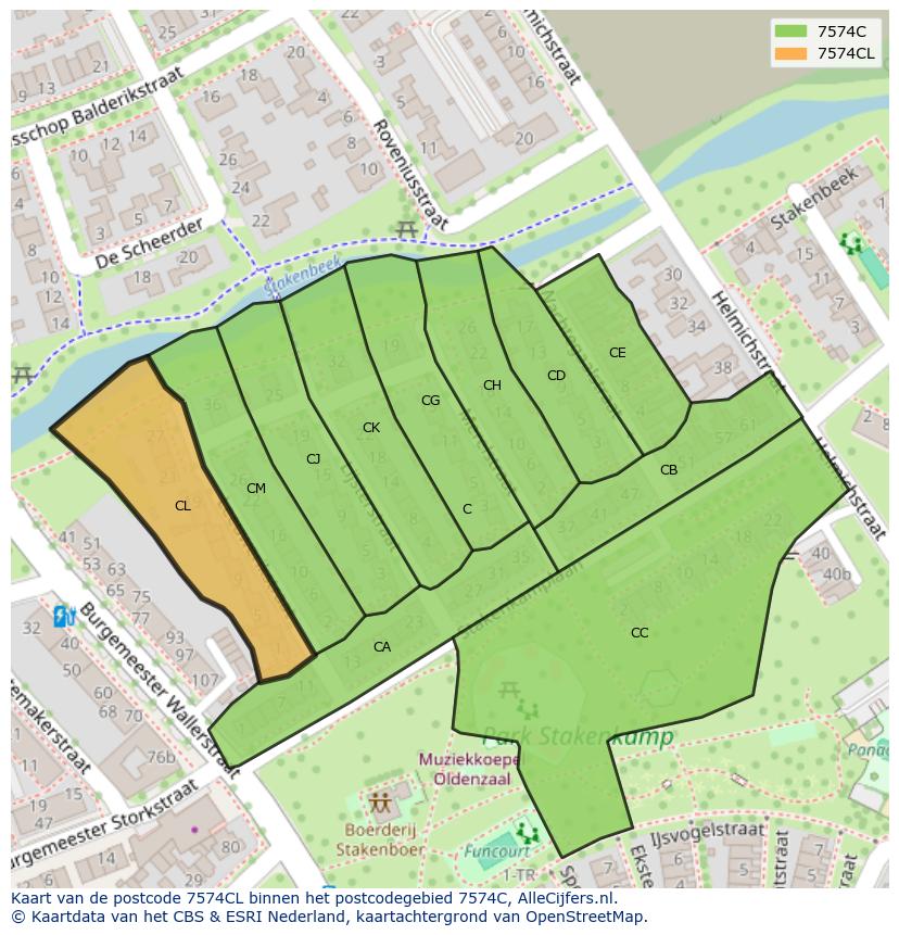 Afbeelding van het postcodegebied 7574 CL op de kaart.