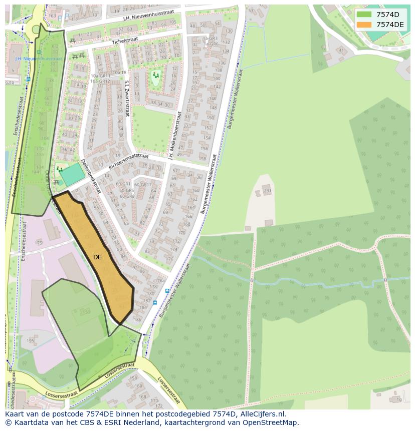 Afbeelding van het postcodegebied 7574 DE op de kaart.