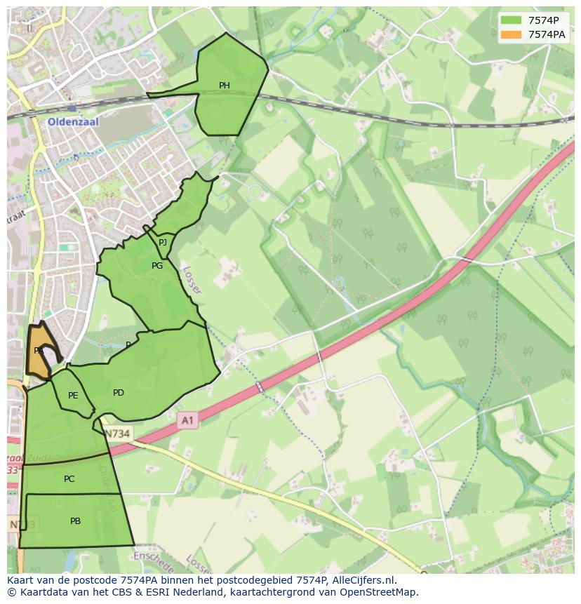 Afbeelding van het postcodegebied 7574 PA op de kaart.