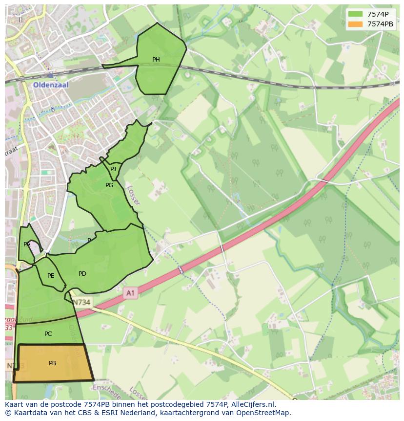 Afbeelding van het postcodegebied 7574 PB op de kaart.