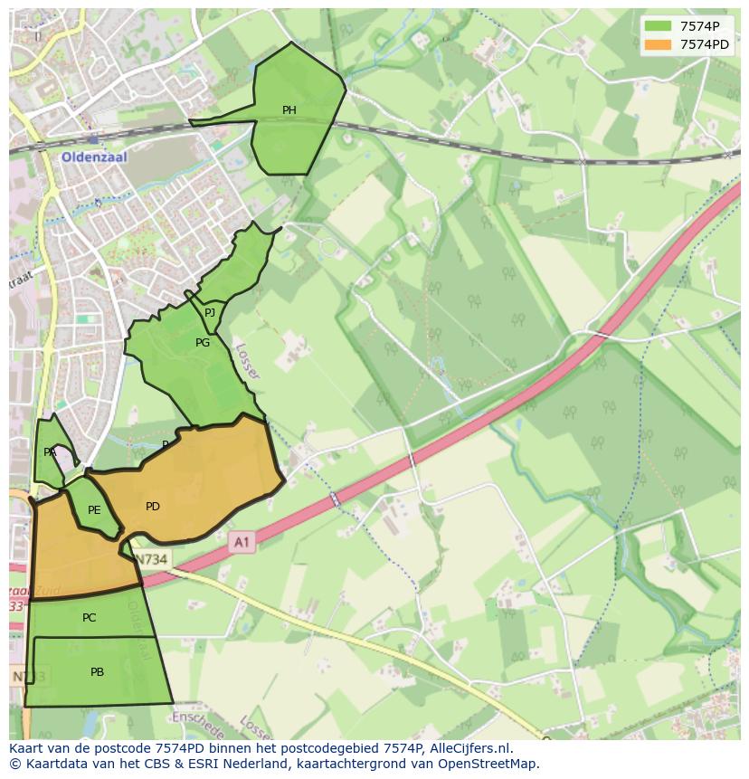 Afbeelding van het postcodegebied 7574 PD op de kaart.
