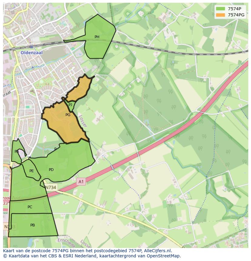 Afbeelding van het postcodegebied 7574 PG op de kaart.