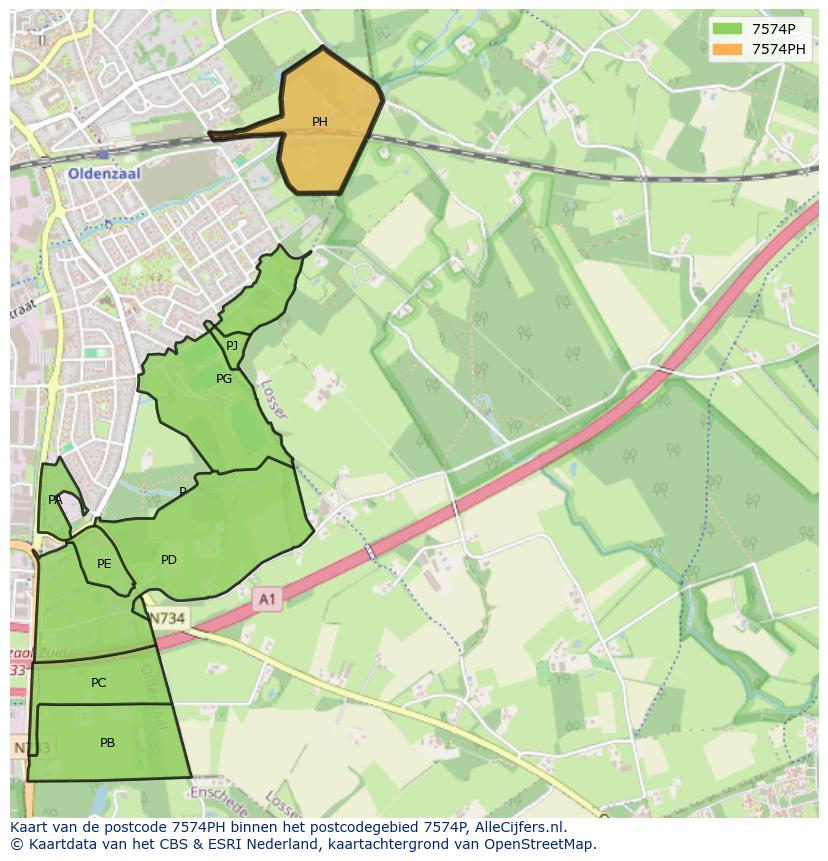 Afbeelding van het postcodegebied 7574 PH op de kaart.