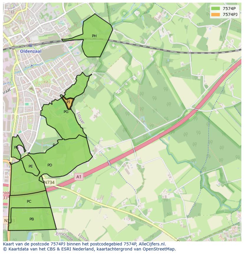 Afbeelding van het postcodegebied 7574 PJ op de kaart.