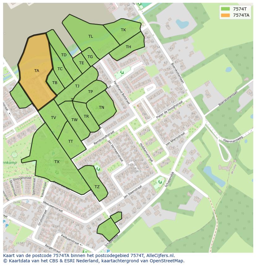 Afbeelding van het postcodegebied 7574 TA op de kaart.