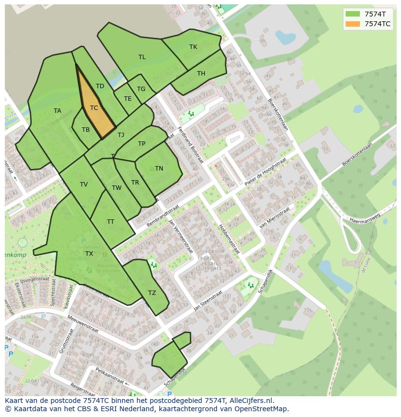 Afbeelding van het postcodegebied 7574 TC op de kaart.