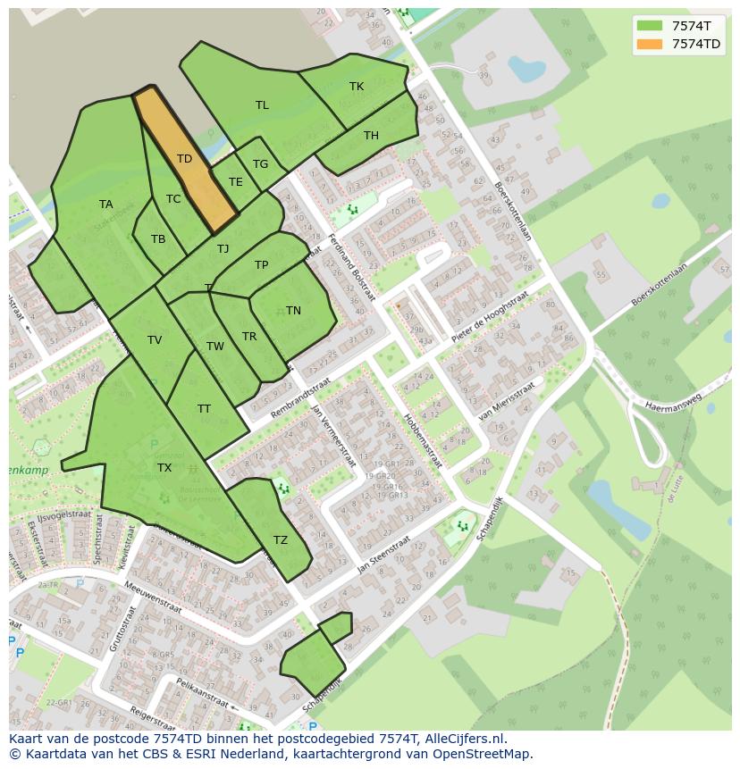 Afbeelding van het postcodegebied 7574 TD op de kaart.