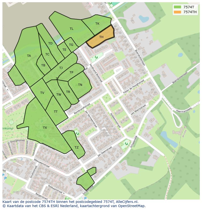 Afbeelding van het postcodegebied 7574 TH op de kaart.