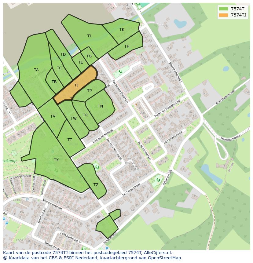 Afbeelding van het postcodegebied 7574 TJ op de kaart.
