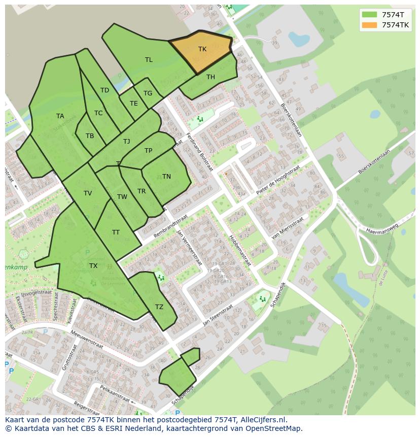 Afbeelding van het postcodegebied 7574 TK op de kaart.