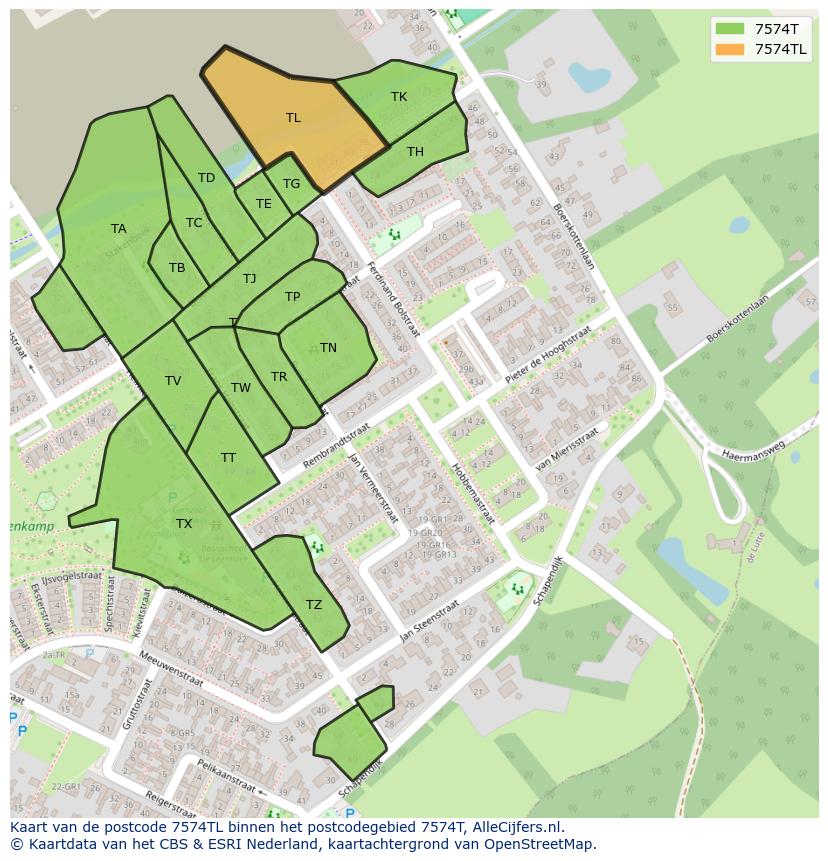 Afbeelding van het postcodegebied 7574 TL op de kaart.