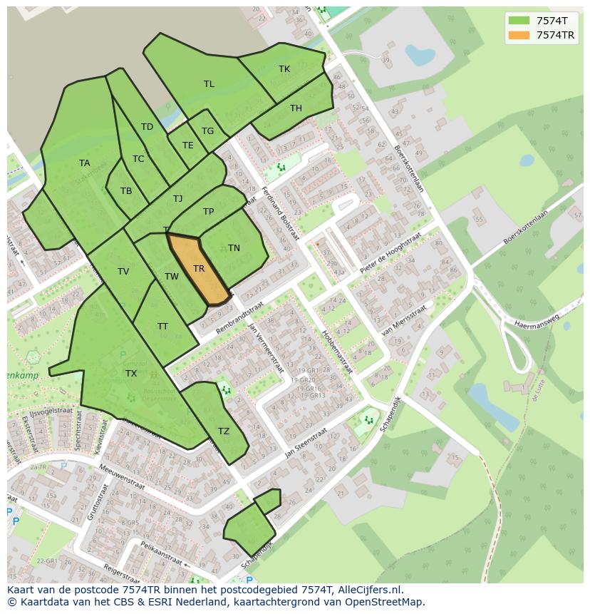 Afbeelding van het postcodegebied 7574 TR op de kaart.