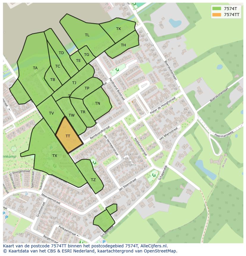 Afbeelding van het postcodegebied 7574 TT op de kaart.