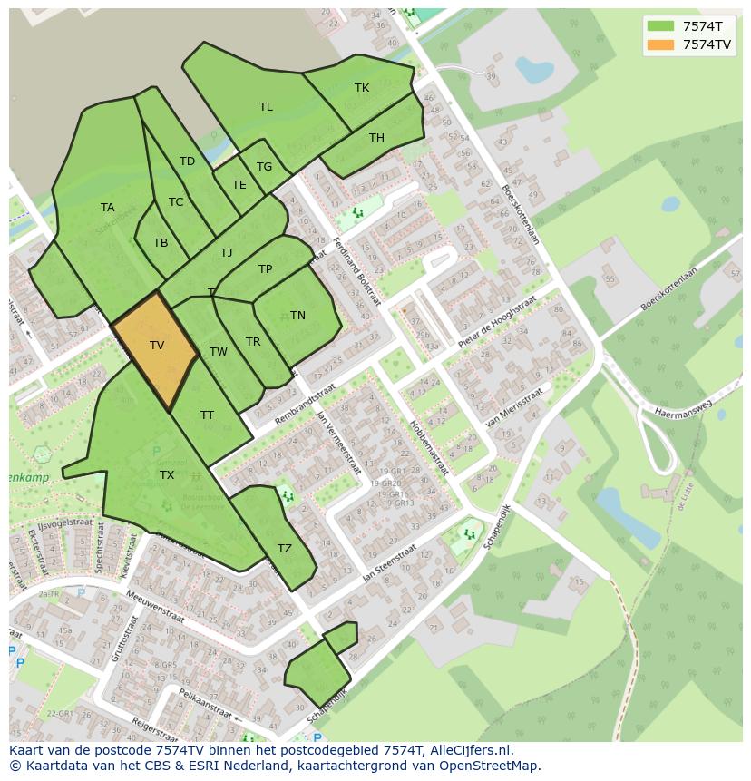 Afbeelding van het postcodegebied 7574 TV op de kaart.