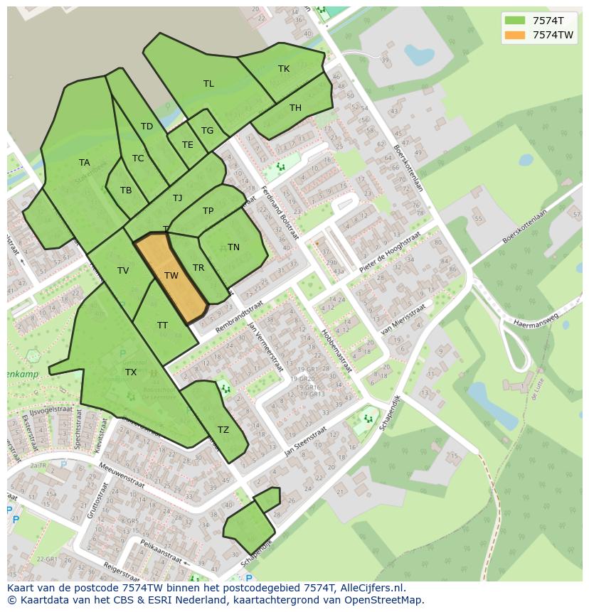 Afbeelding van het postcodegebied 7574 TW op de kaart.